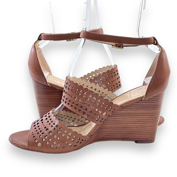 Tory Burch Dress Sandal 8.5 Shoe Brown Leather Gladiator Wedge Heel Perforated - Picture 6 of 9